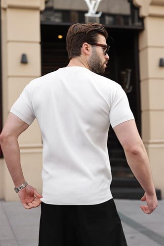 Beyaz Bisiklet Yaka Fitilli Erkek Tişört E7474