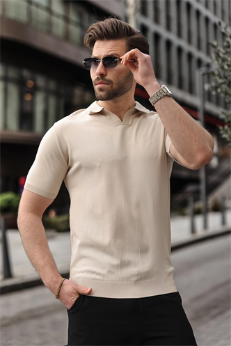 Taş Rengi Polo Yaka Triko Kısa Kollu Erkek Tişört E7463