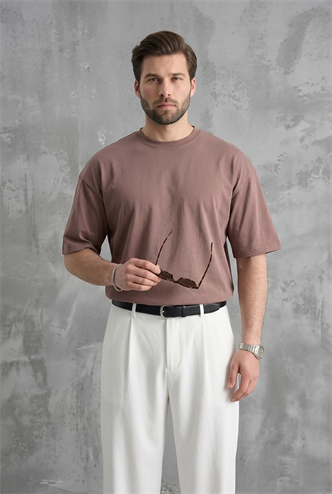 Erkek Kahverengi Oversize Fit Basic Tişört 6066