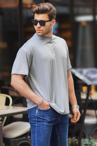 Boyalı Gri Erkek Çizgili Oversize Tişört 6198