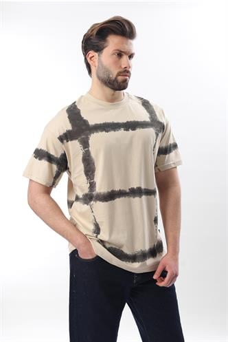 Bej Bisiklet Yaka Baskılı Basic Erkek T-shirt E7109