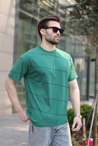 Koyu Yeşil Bisiklet Yaka Basic Çizgili Erkek T-shirt E7102