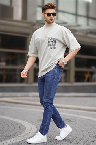 Boyalı Gri Oversize Baskılı Erkek Tişört 6193