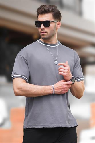 Füme Bisiklet Yaka Kol Boyun Şeritli Overfit Tişört 7024