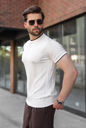 Beyaz Bisiklet Yaka Regular Fit Triko Erkek Tişört E7487