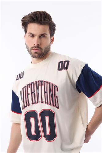 Ekru Baskılı Pamuklu Oversize Erkek T-shirt 7035
