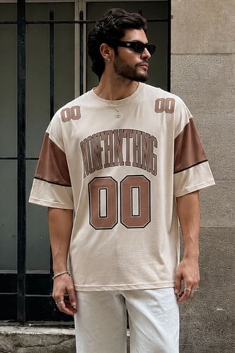 Bej Baskılı Pamuklu Oversize Erkek T-shirt 7035