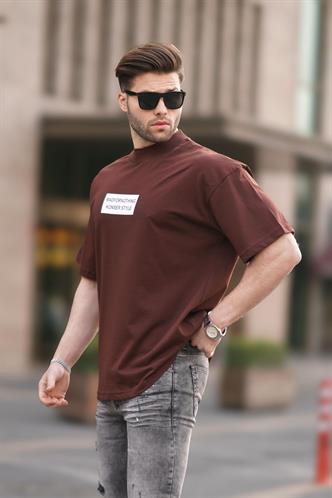 Kahverengi Yalancı Dik Yaka Oversize Erkek Tişört 7005