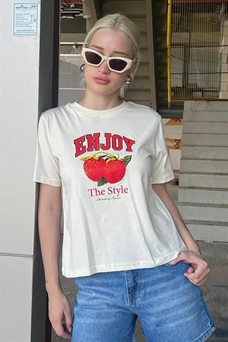 Beyaz Bisiklet Yaka Pamuklu Kısa Kollu Kadın T-Shirt MG2150