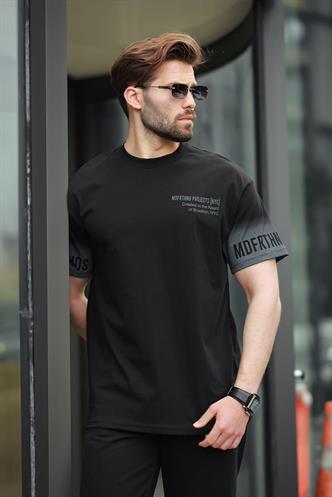 Siyah %100 Pamuklu Baskılı Erkek Tişört E7143