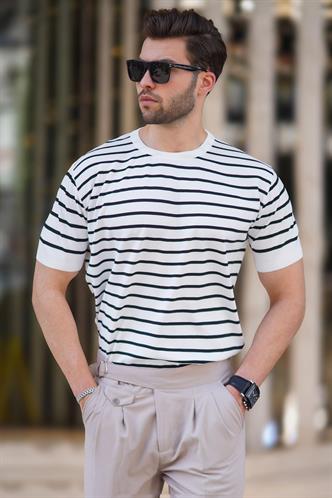 Beyaz Bisiklet Yaka Çizgili Kısa Kollu Erkek Tişört 6884