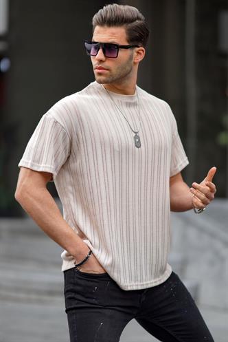 Bej Oversize Bisiklet Yaka Erkek Tişört 6179