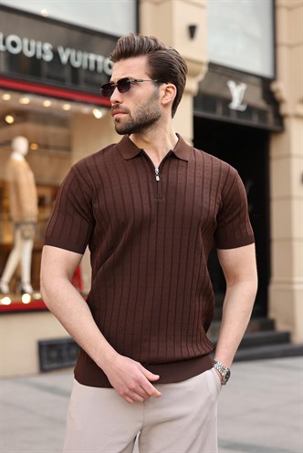 Kahverengi Polo Yaka Slim Fit Triko Erkek Tişört E7465
