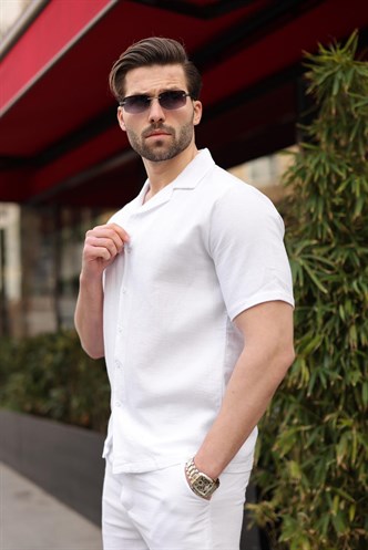 Beyaz %100 Pamuklu Erkek Şort Gömlek Takım E7361