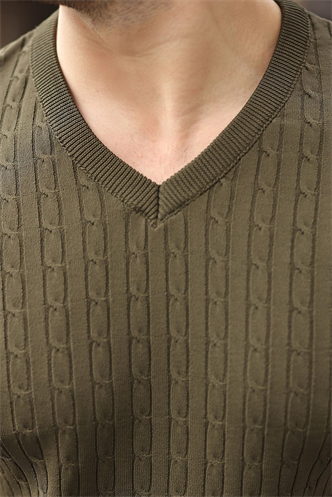 Haki V Yaka Kısa Kollu Triko Erkek Tişört E7467