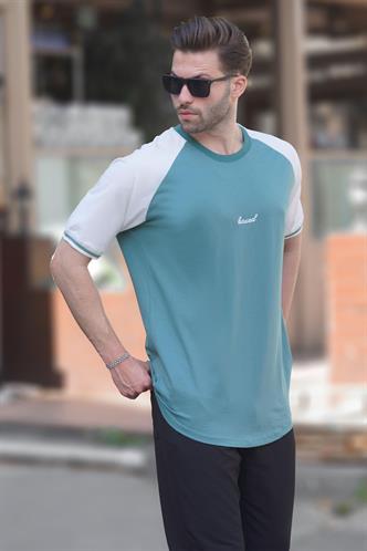 Yeşil Bisiklet Yaka Nakış Deyatlı Kısa Kollu Erkek Tişört 7013