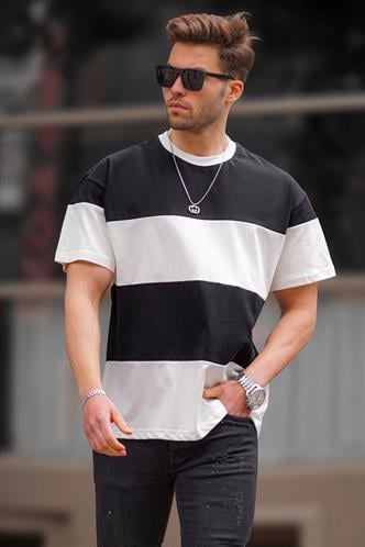 Siyah Oversize Renk Bloklu Bisiklet Yaka Tişört 7020