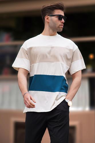 Petrol Mavi Oversize Renk Bloklu Bisiklet Yaka Baskılı Tişört 7025