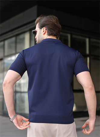 Lacivert Slim Fit Polo Yaka Triko Erkek Tişört E7472