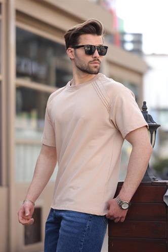 Bej Bisiklet Yaka Basic Erkek T-shirt E7138
