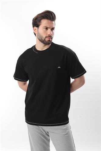 Siyah Nakış Detaylı Erkek T-shirt E7112