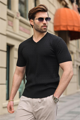 Siyah V Yaka Kısa Kollu Triko Erkek Tişört E7467