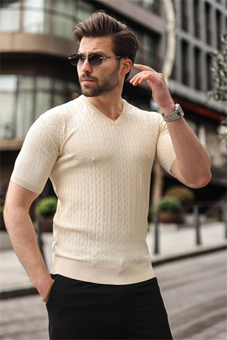 Taş Rengi V Yaka Kısa Kollu Triko Erkek Tişört E7467