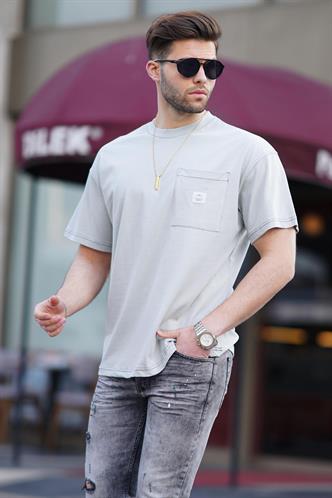 Boyalı Gri Oversize Cep Detaylı Erkek Tişört 7001