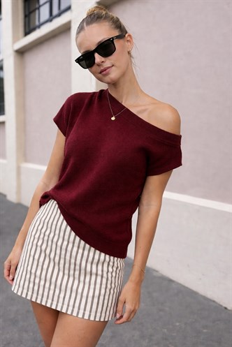 Bordo Salaş Fit Düşük Omuz Tişört MG2814