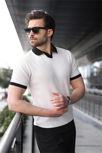 Beyaz Polo Yaka Triko Erkek Tişört E7464