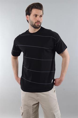 Siyah Bisiklet Yaka Basic Çizgili Erkek T-shirt E7102