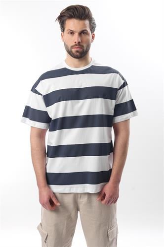 İndigo Oversize Renk Bloklu Bisiklet Yaka Kısa Kollu Tişört 7030