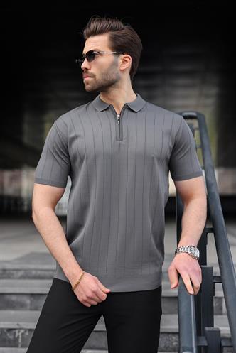 Antrasit Yarım Fermuarlı Polo Yaka Triko Erkek Tişört E7298