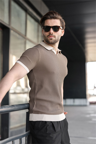 Açık Kahverengi Polo Yaka Triko Erkek Tişört E7464