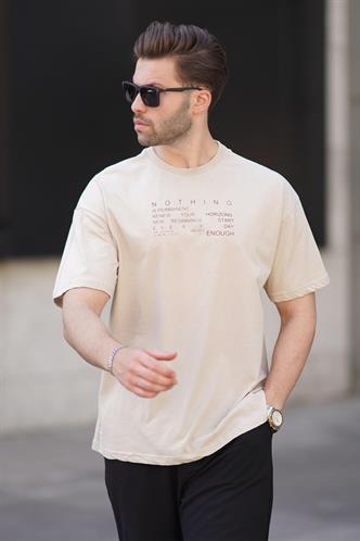 Bej Overfit Bisiklet Yaka Sırt Baskılı Kısa Kollu Erkek Tişört 7037