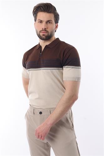 Kahverengi Fermuarlı Polo Yaka Desenli Erkek T-shirt E7296