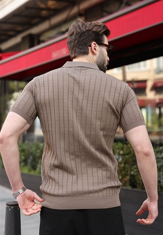 Açık Kahverengi Polo Yaka Slim Fit Triko Erkek Tişört E7465