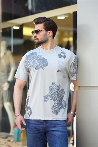 Boyalı Gri %100 Pamuklu Desenli Erkek Tişört E7142