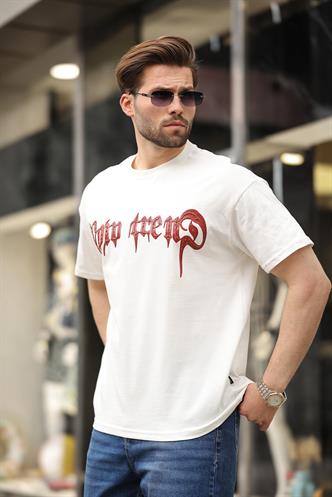 Ekru  Baskılı %100 Pamuk Erkek T-shirt E7141
