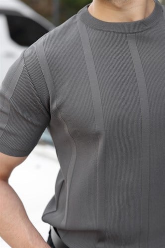 Antrasit Regular Fit Bisiklet Yaka Fitilli Triko Erkek Tişört E7490