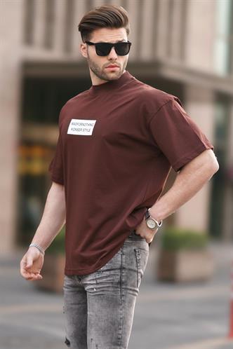 Kahverengi Yalancı Dik Yaka Oversize Erkek Tişört 7005