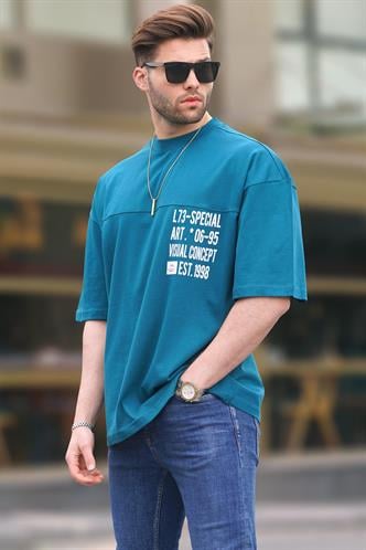 Petrol Mavisi  Oversize Baskılı Erkek Tişört 6193