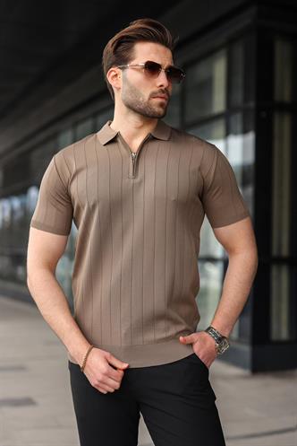 Açık Kahverengi Yarım Fermuarlı Polo Yaka Triko Erkek Tişört E7298