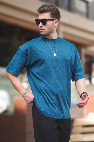 Petrol Mavisi Oversize Yırtık Deyatlı Pamuklu Tişört 7032