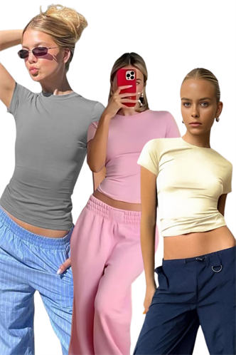 Sarı/Pembe/Boyalı Gri Bisiklet Yaka Basic Kadın Tişört 3Lü Set MG1725