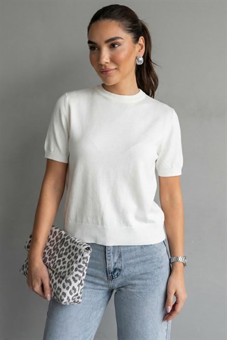 Ekru Bisiklet Yaka Kadın Triko Tişört MG2703