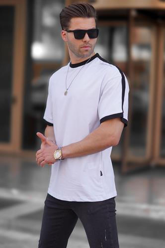 Erkek Beyaz Oversize Şerit Detaylı Basic Tişört 7023
