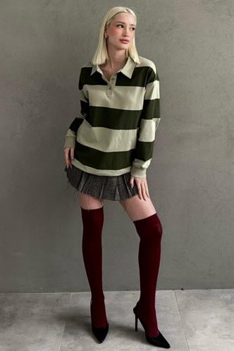 Mint Yeşili Çizgili Düğmeli Polo Yaka Kadın Uzun Kollu Tişört  MG2586