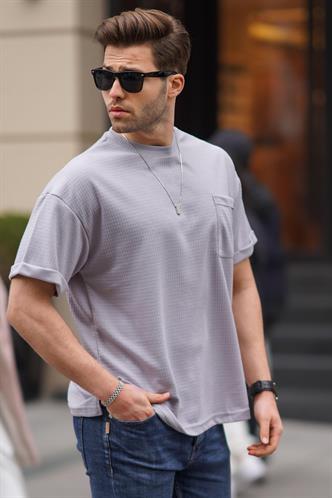 Boyalı Gri Erkek Cep Detaylı Oversize Tişört 6194