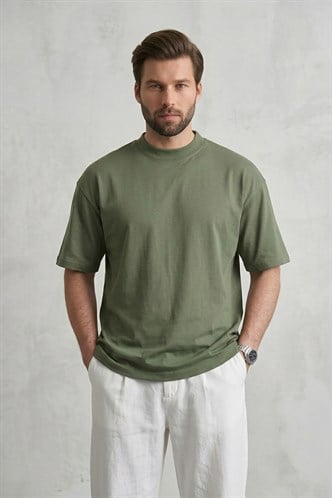 Erkek Haki Oversize Fit Basic Tişört 6066